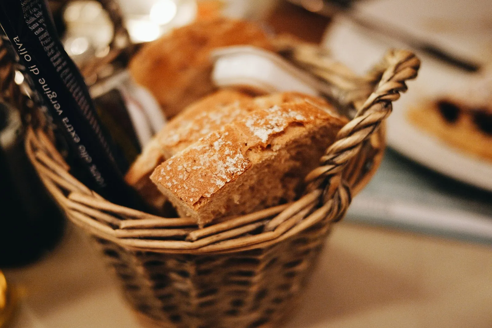 Crusty bread in a wicker basket